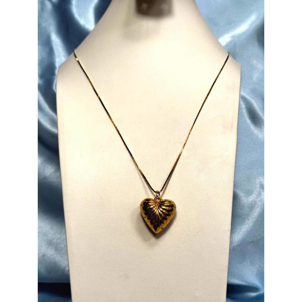 Gold Tone Serpent Chain with Rippled Puffer Heart Pendant Necklace